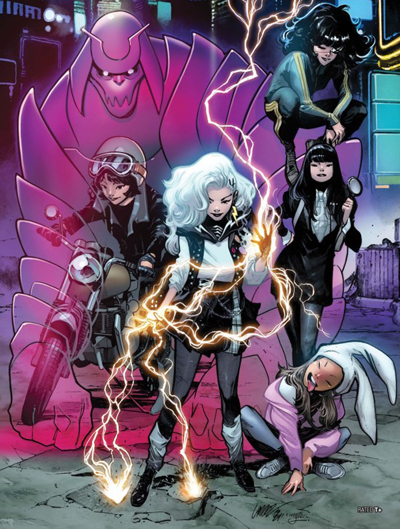 Capa variante de Ultimate X-Men #5 Pepe Larraz com Armor, Maystorm, Nico Minoru, Cyclops e Mori.