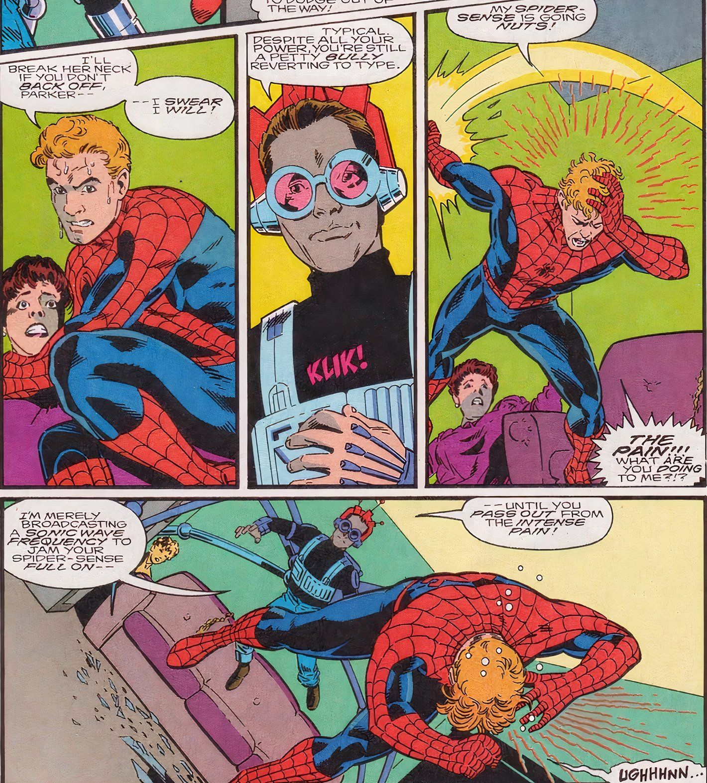 E se? #76, Peter Parker derrota Flash Thompson como Homem-Aranha sobrecarregando seu Sentido-Aranha.