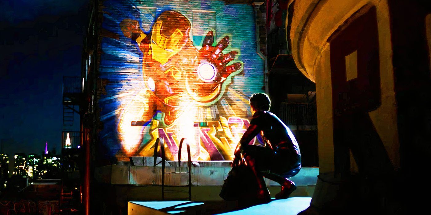 Peter Parker looking at an Iron Man mural in Spider-Man Far From Home