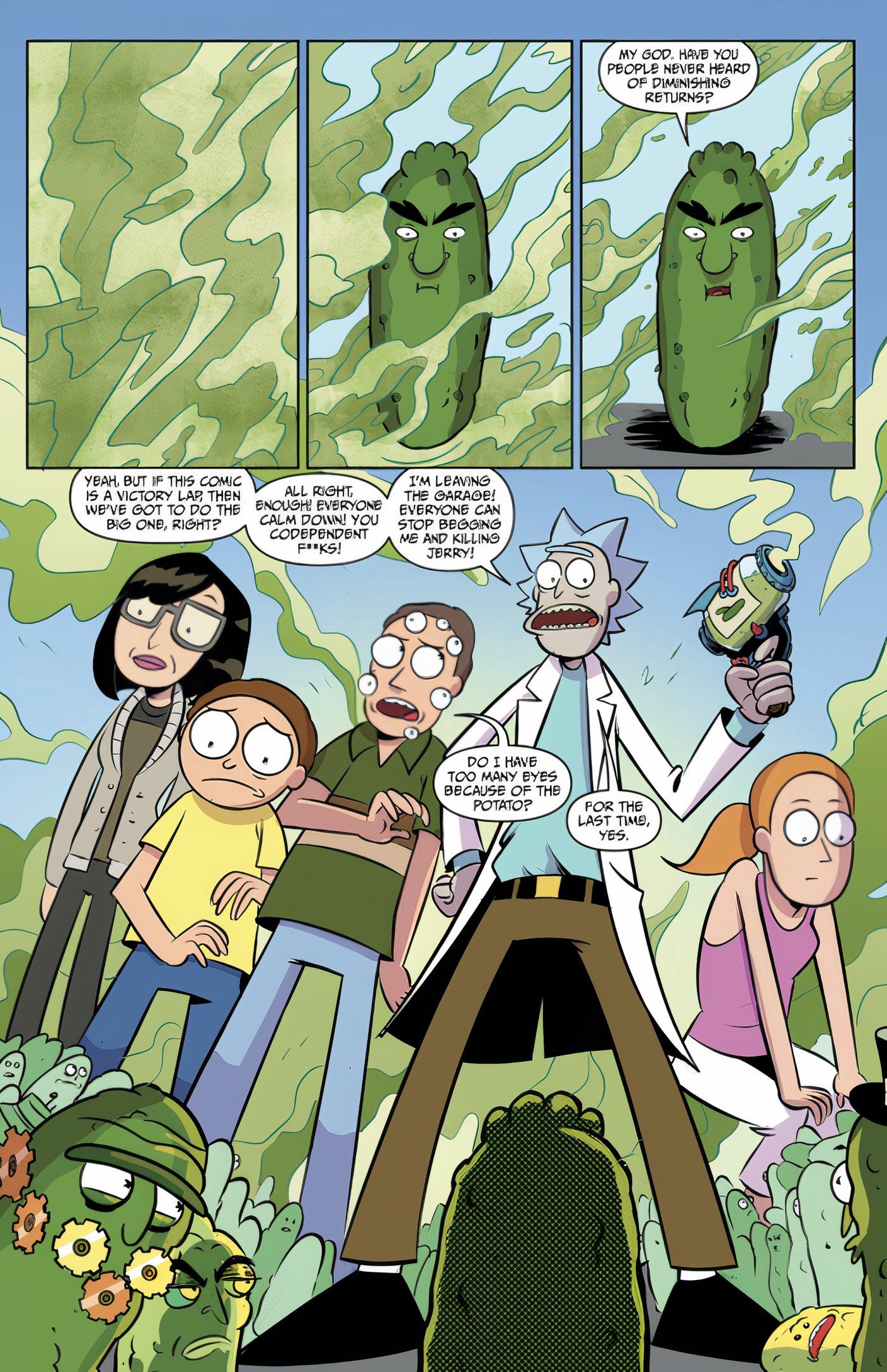 Rick transformando todos os personagens secundários de Rick e Morty em picles. 