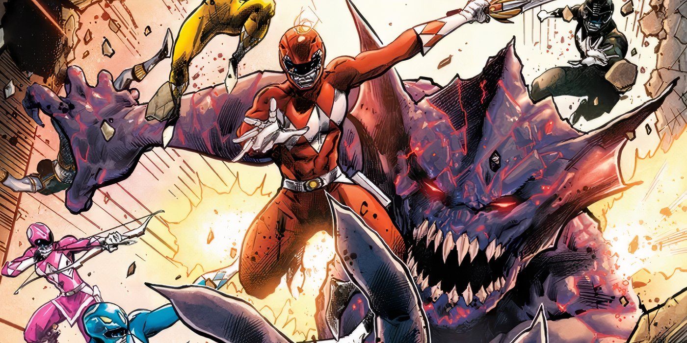 Arte del cómic: Los Power Rangers huyen de la presencia de un demonio aterrador, el Espectro Oscuro.