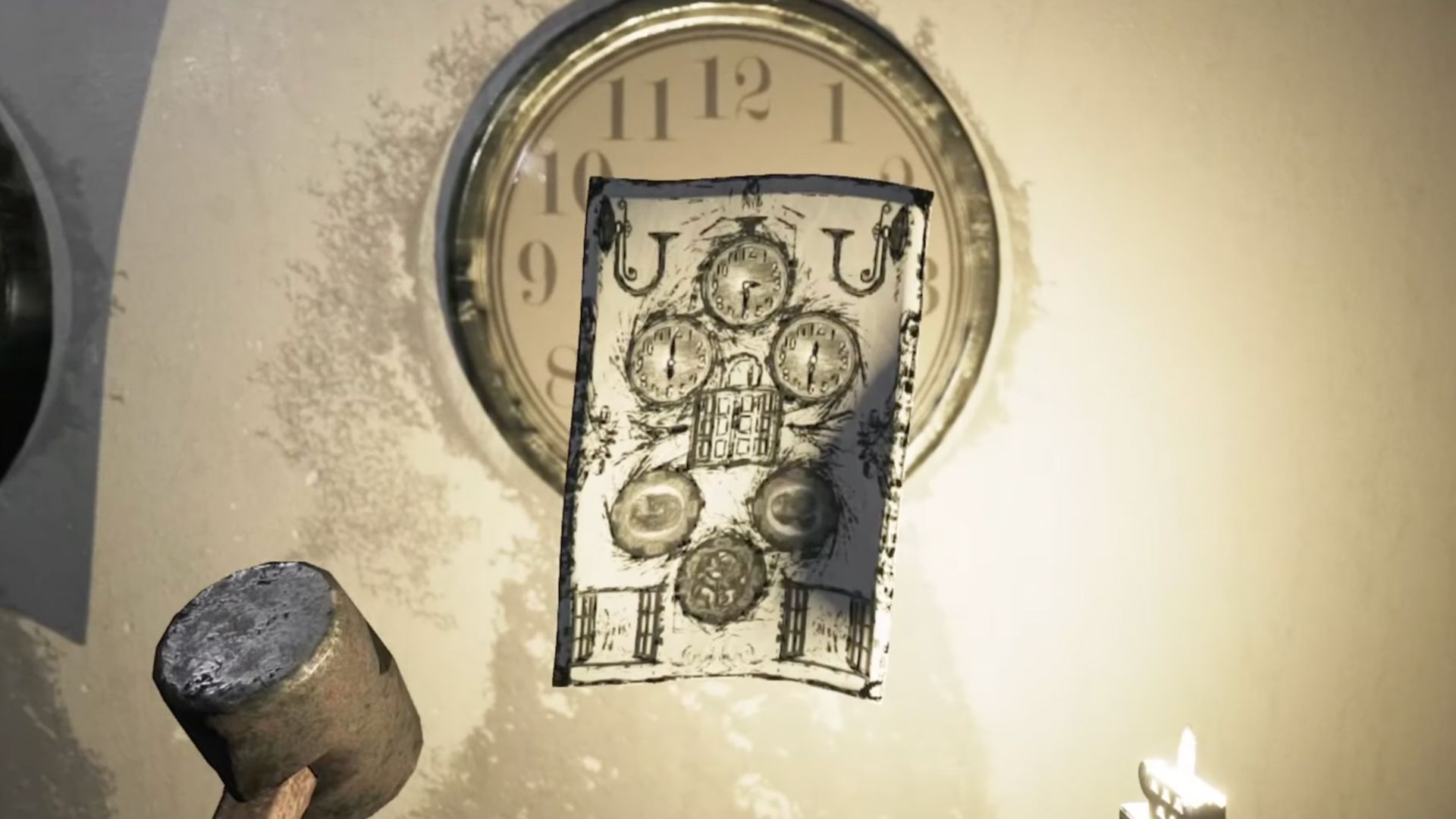 Player looking at a drawing of clock in Visage