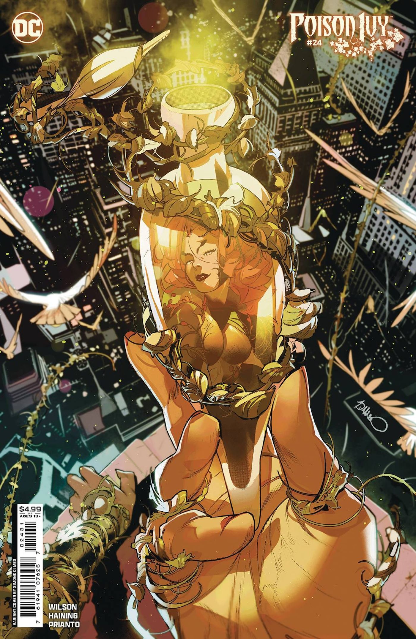 Poison Ivy 24 Di Meo Variant Cover: Poison Ivy reflected in a vial she's holding over Gotham City.