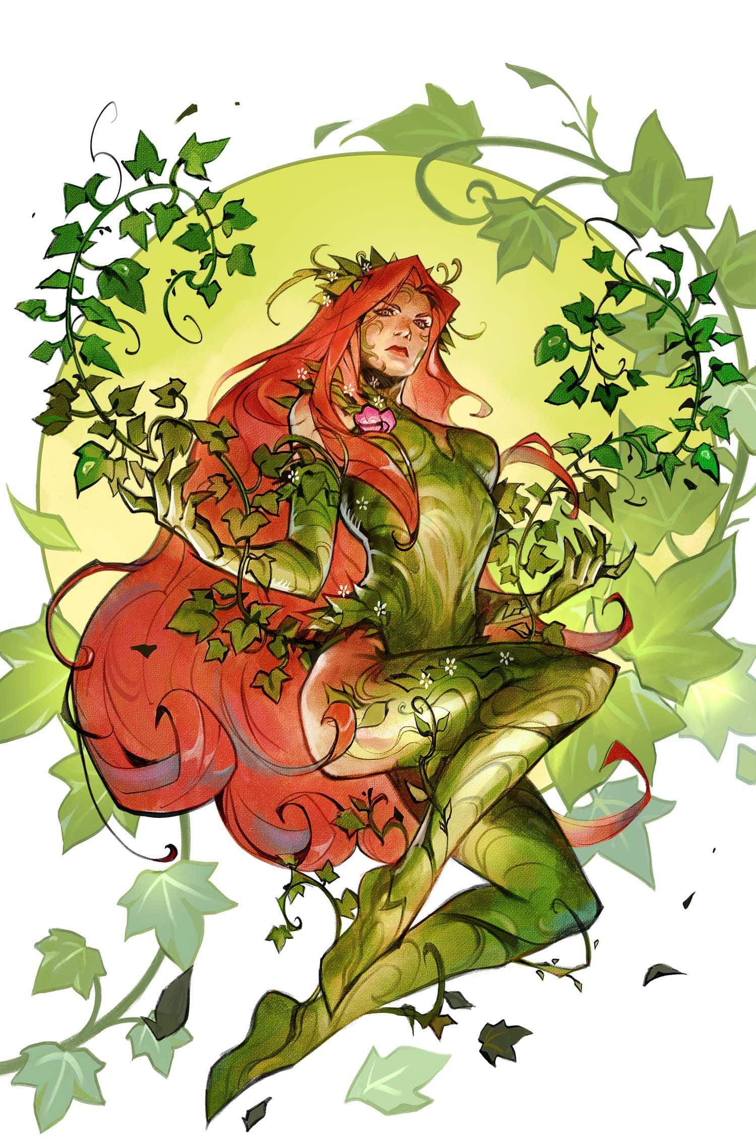 Poison Ivy #26 capa principal de Jessica Fong, Ivy pairando no ar, cercada por folhagens.