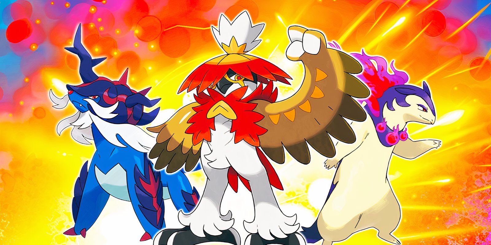 Hisuian Samurott, Hisuian Decidueye, and Hisuian Typhlosion pose next to each other with an explosion behind them.