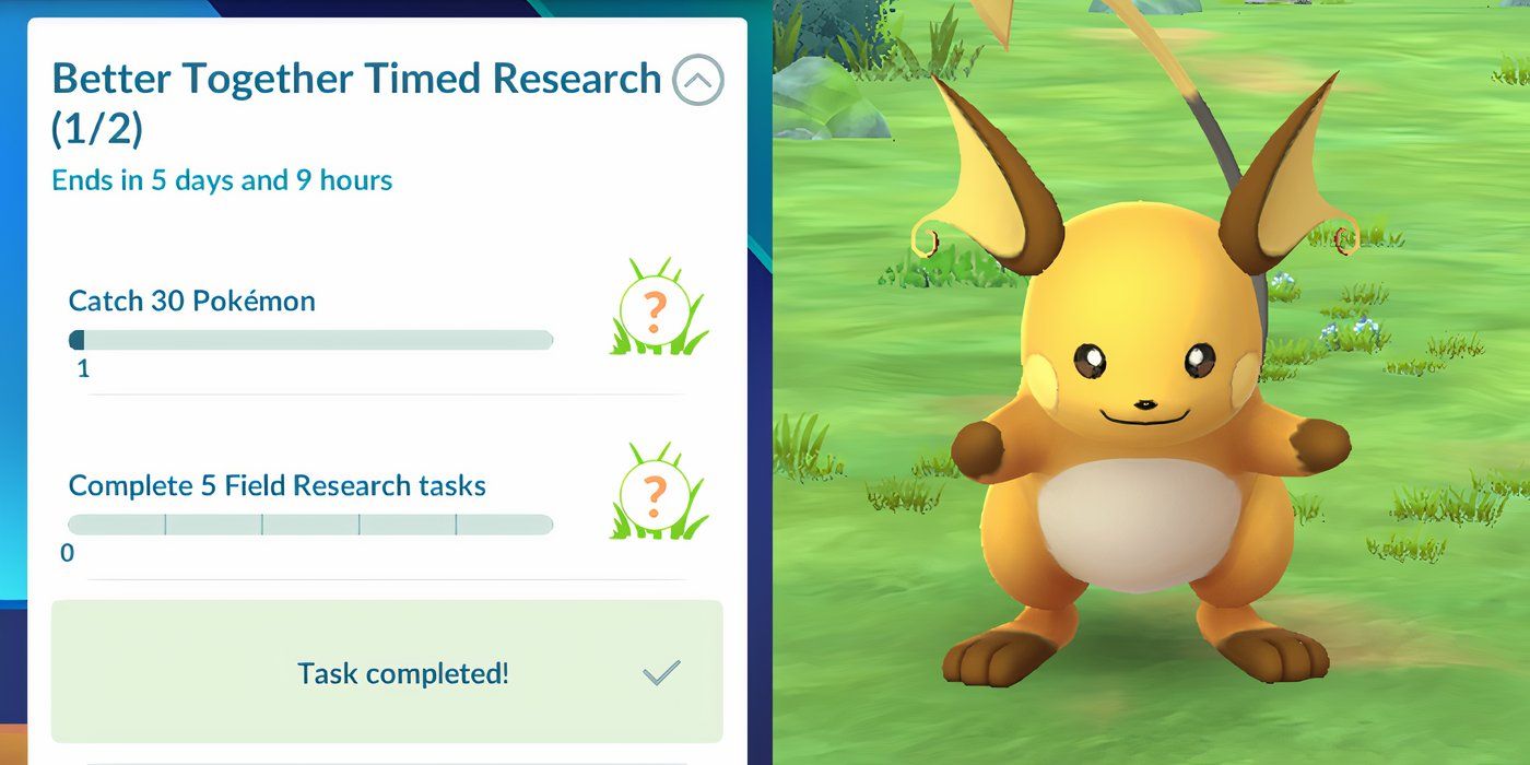 Uma lista de tarefas de pesquisa cronometrada Better Together ao lado de um encontro de recompensa Raichu no Pokémon GO