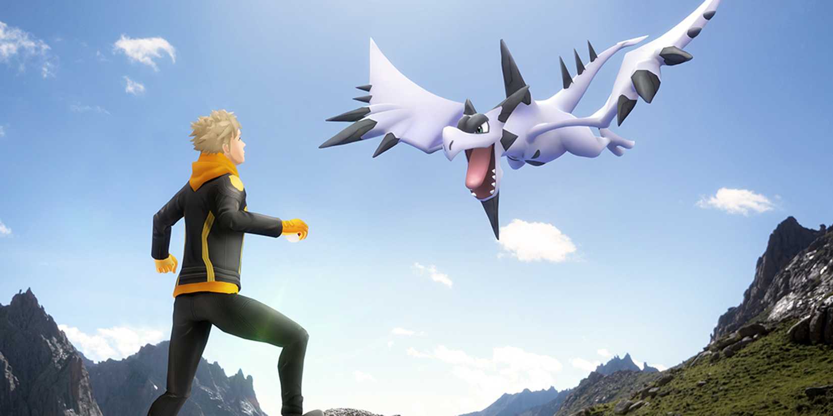 A Trainer watching Mega Aerodactyl fly through the sky in Pokemon GO