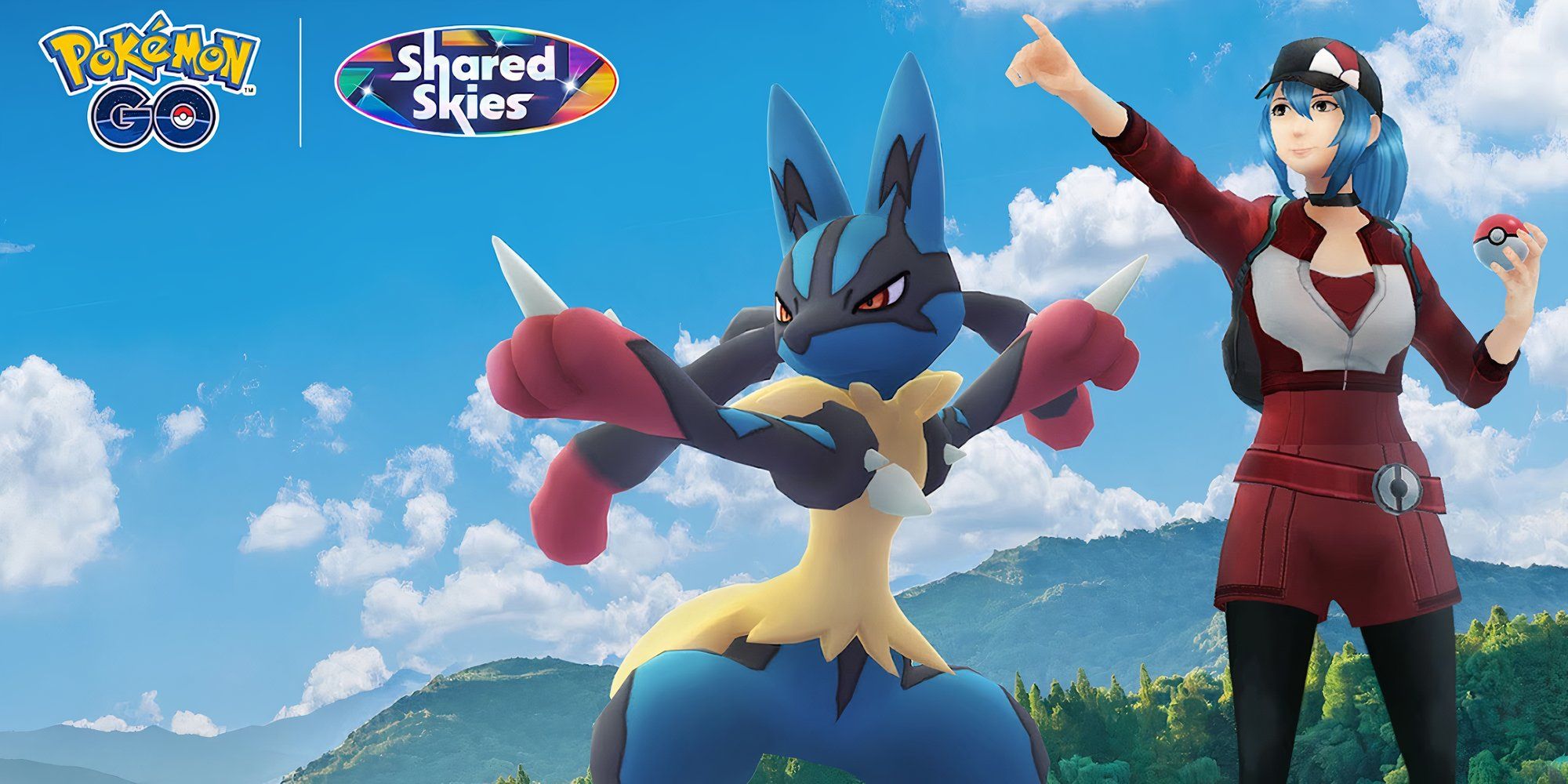 Mega Lucario posando pronto para a batalha ao lado de um treinador em Pokémon GO