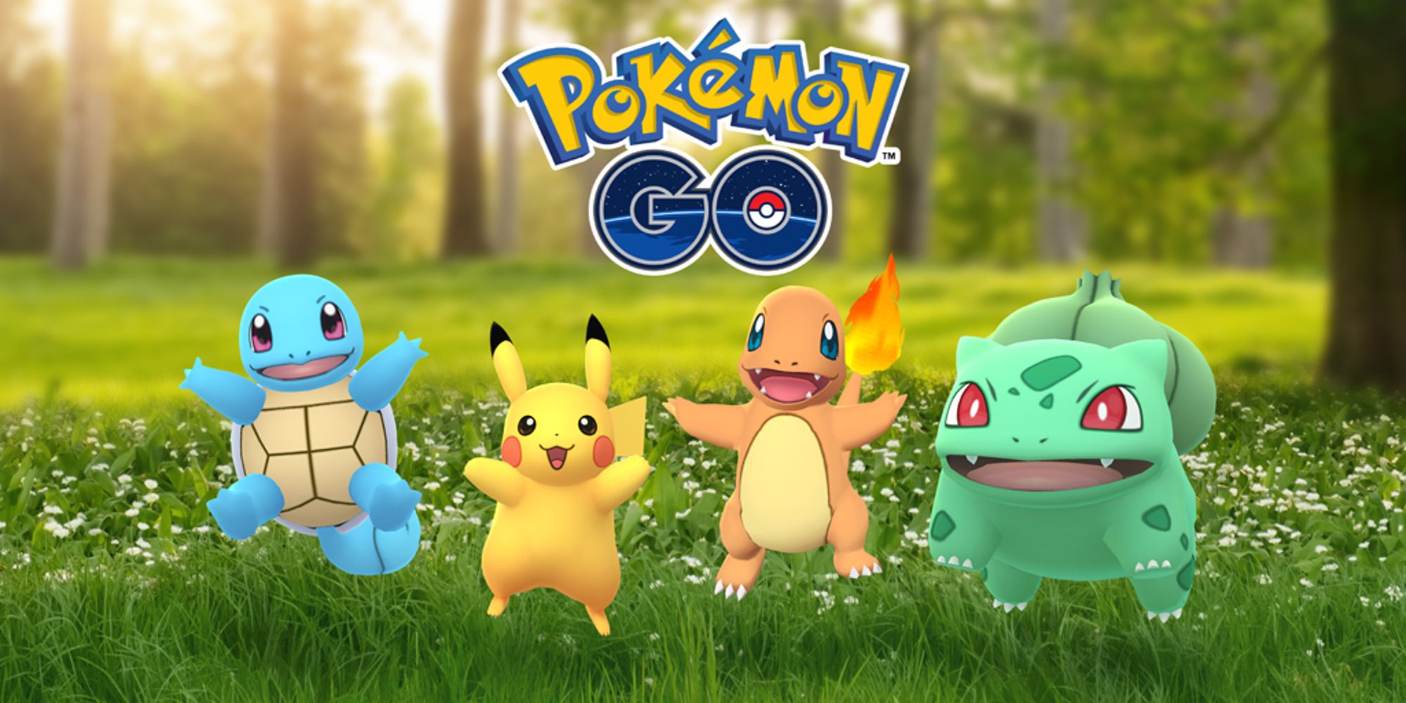 Arte oficial do Pokémon GO apresentando Squirtle, Bulbasaur, Charmander e Pikachu da Geração 1 Kanto Starters