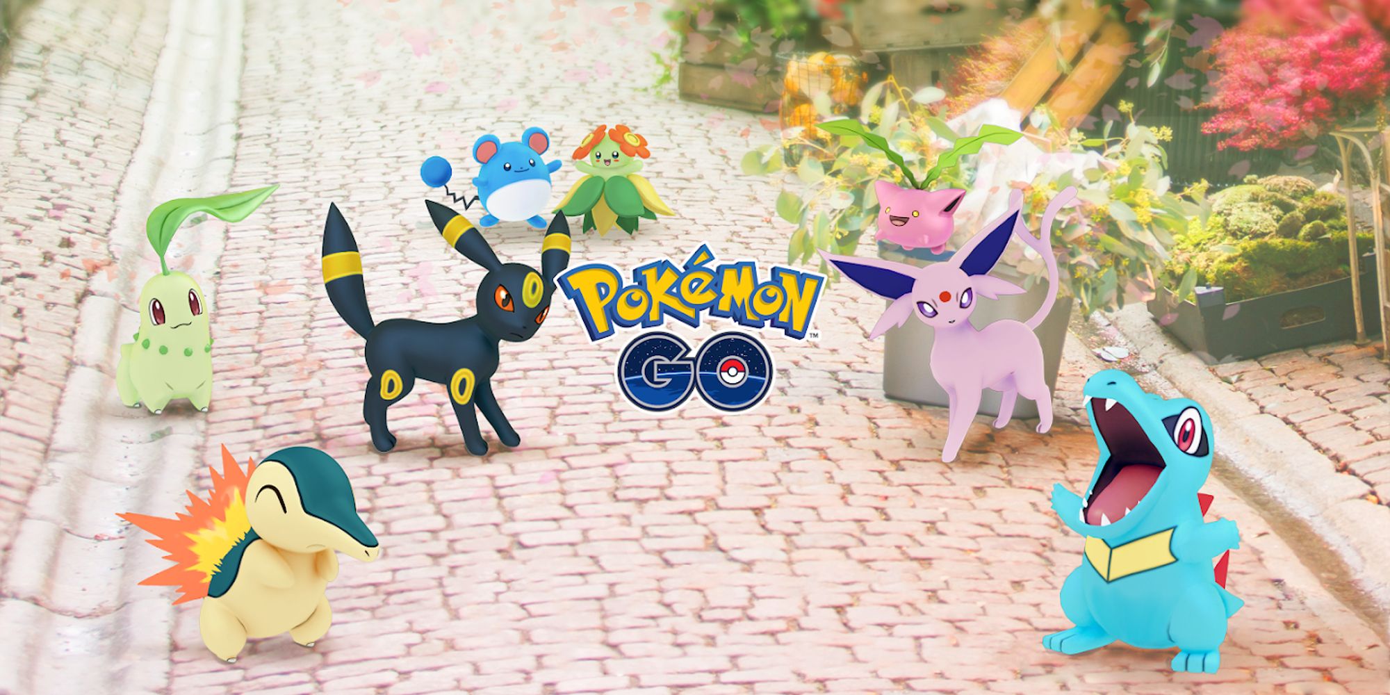 Arte oficial do Pokémon GO apresentando Johto Starters da geração 2, Umbreon e Espeon, Hoppip, Marill e Bellossom 