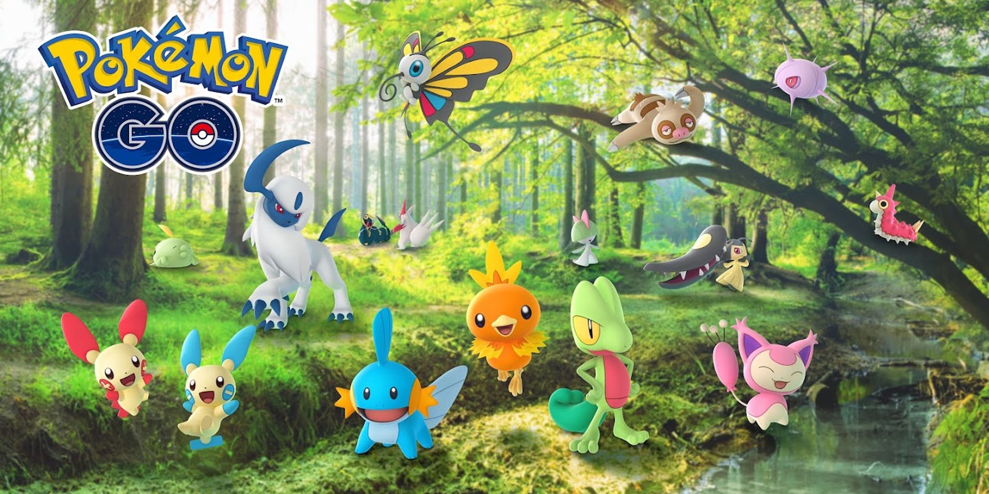 Arte oficial do Pokémon GO apresentando Hoenn Starters da geração 3 e outros Pokémon em uma exuberante floresta arborizada 