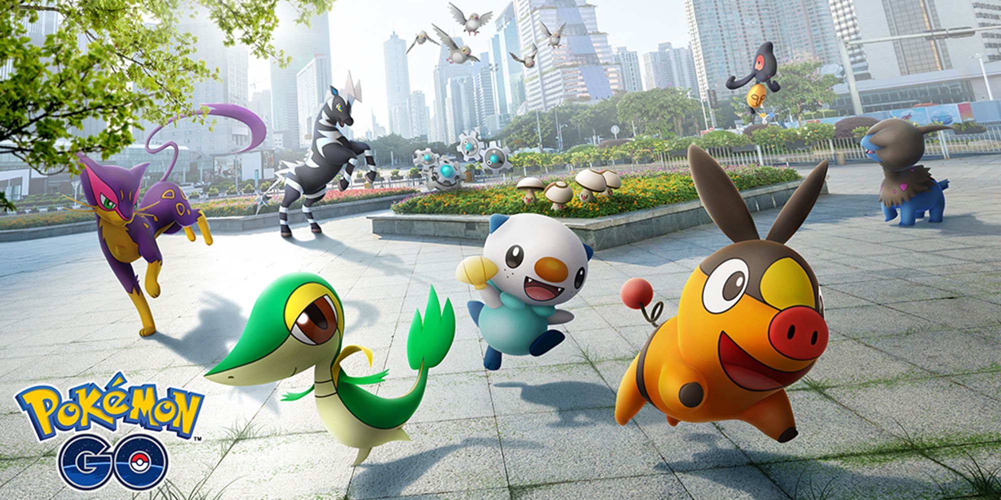 Arte oficial do Pokémon GO apresentando Unova Starters da geração 5 e outros Pokémon Unova na movimentada praça da cidade