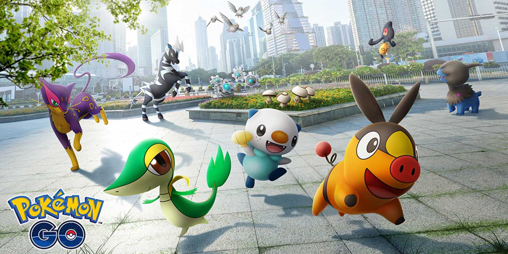 Pokemon GO Official Art Featuring Generation 5 Unova Starters And Other Unova Pokemon In Busy City Square