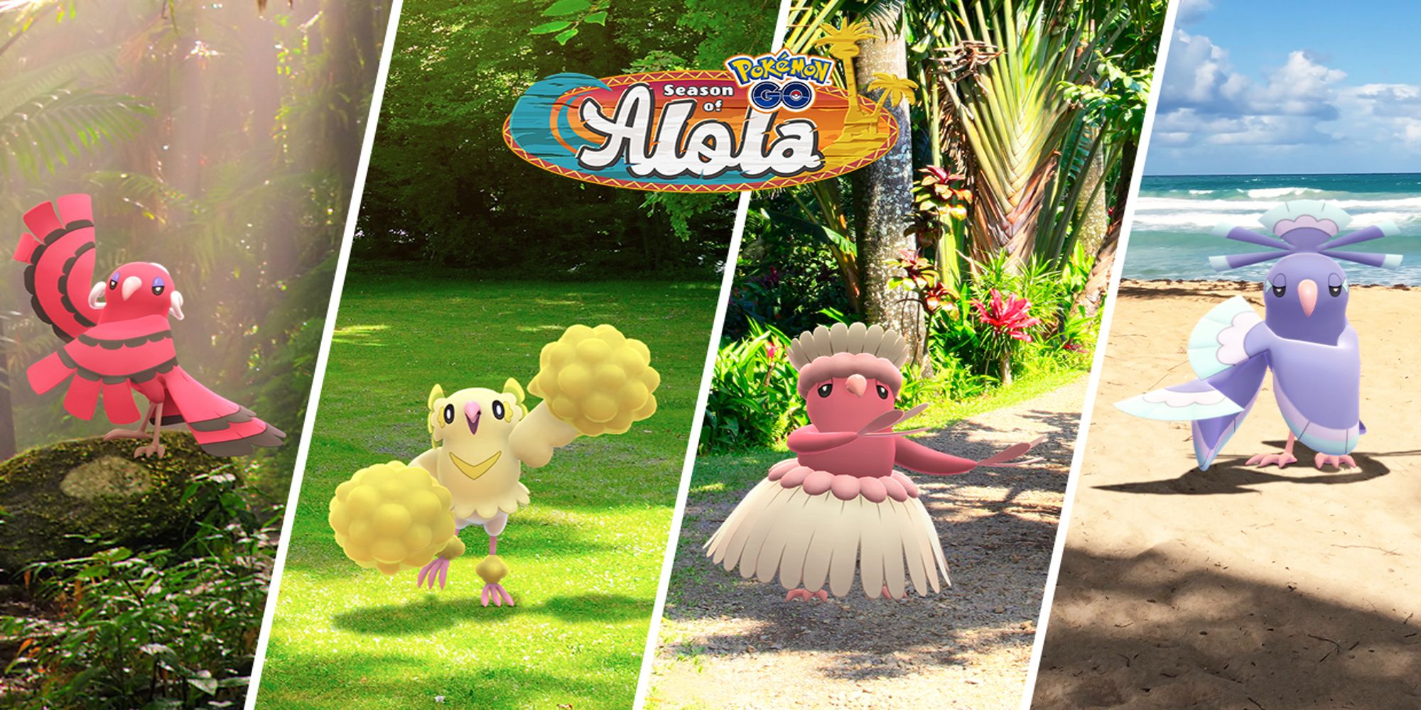 Arte oficial do Pokémon GO com estilos Oricorio em cenários de selva, jardim, praia tropical e oceano 