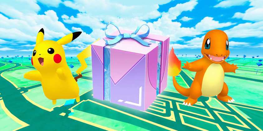 Pikachu and Charmander standing next to a Pokemon GO gift