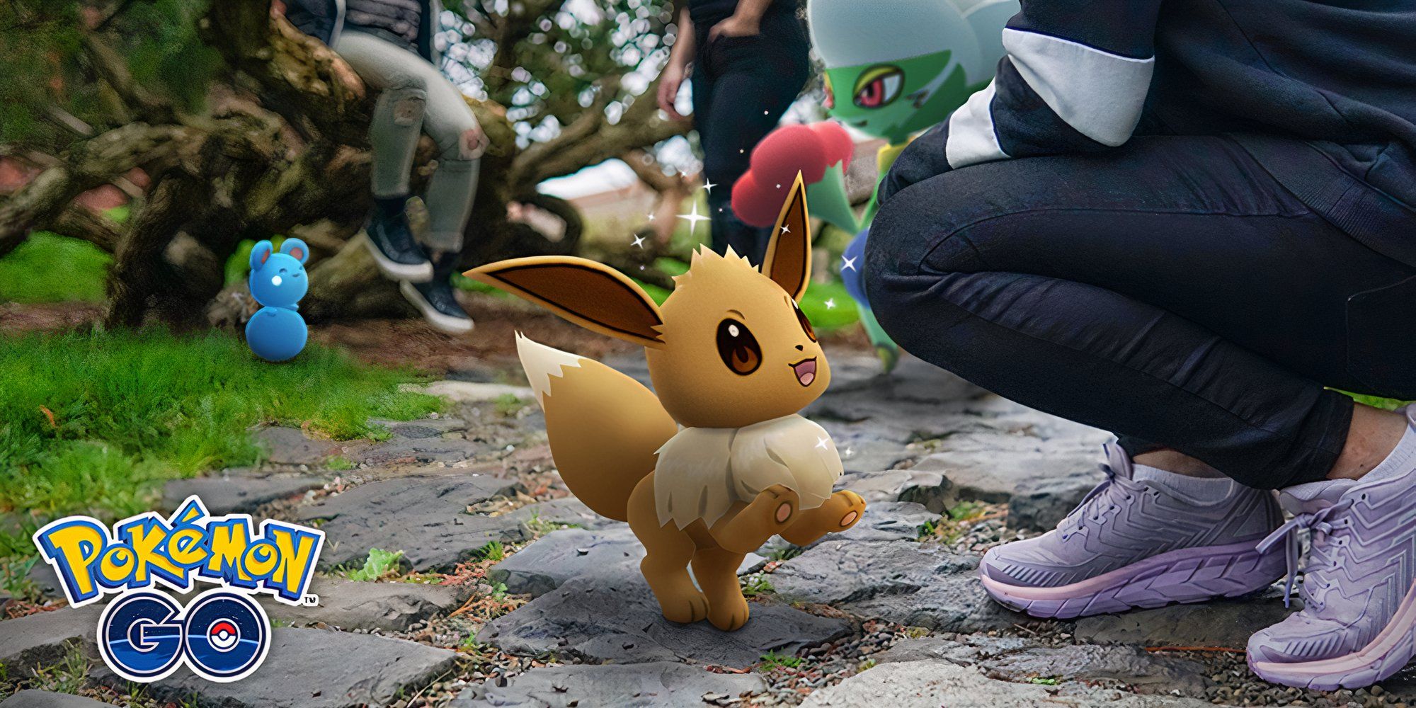 Eevee aparecendo como um Buddy ao lado de seu treinador em Pokémon GO