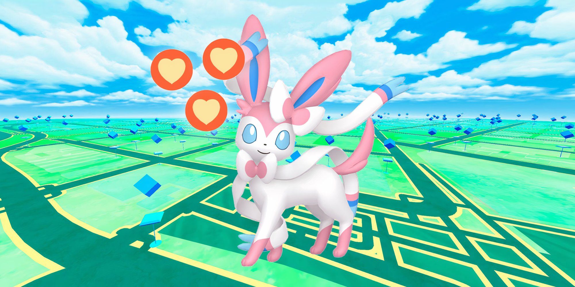 Sylveon appearing with three hearts, incidating Ultra Buddy status in Pokémon GO
