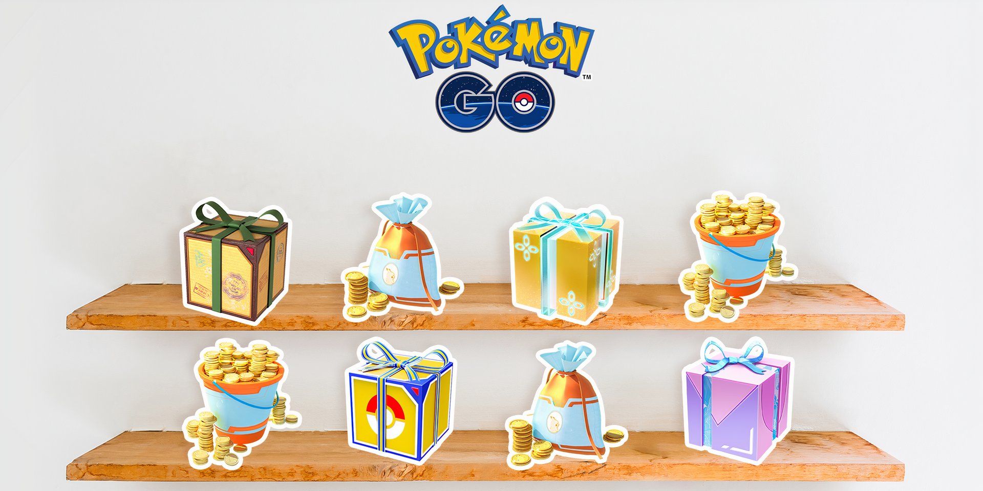 Prateleiras contendo caixas de presente do Pokémon GO na loja virtual