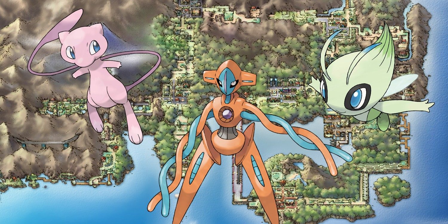 Images of the Mythical Pokémon Mew, Celebi, and Deoxys with a map of the Kanto region in the background.