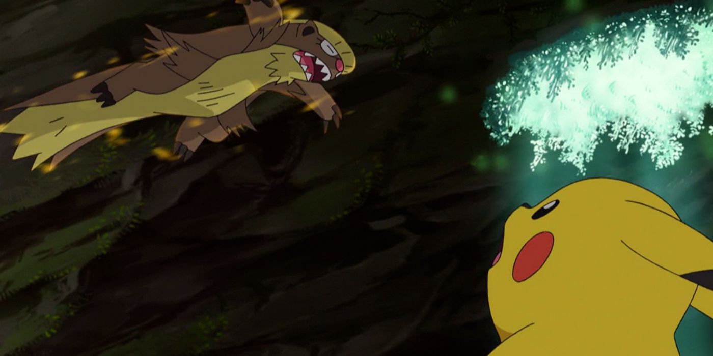 Pikachu observa o Totem Gumshoos atacar.