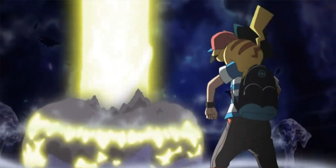 Ash e Pikachu assistem a uma explosão criada pelo movimento Z de Pikachu no Ultra Espaço.
