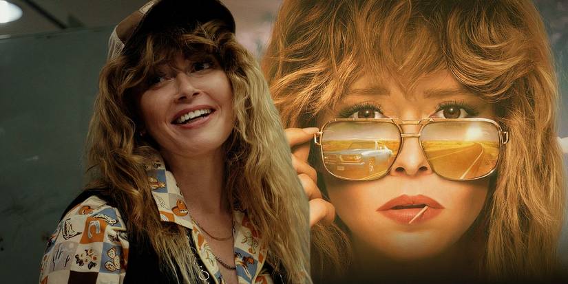 A composite image of Charlie smiling while looking over her shoulder and a closeup of Charlie with sunglasses on from Poker Face