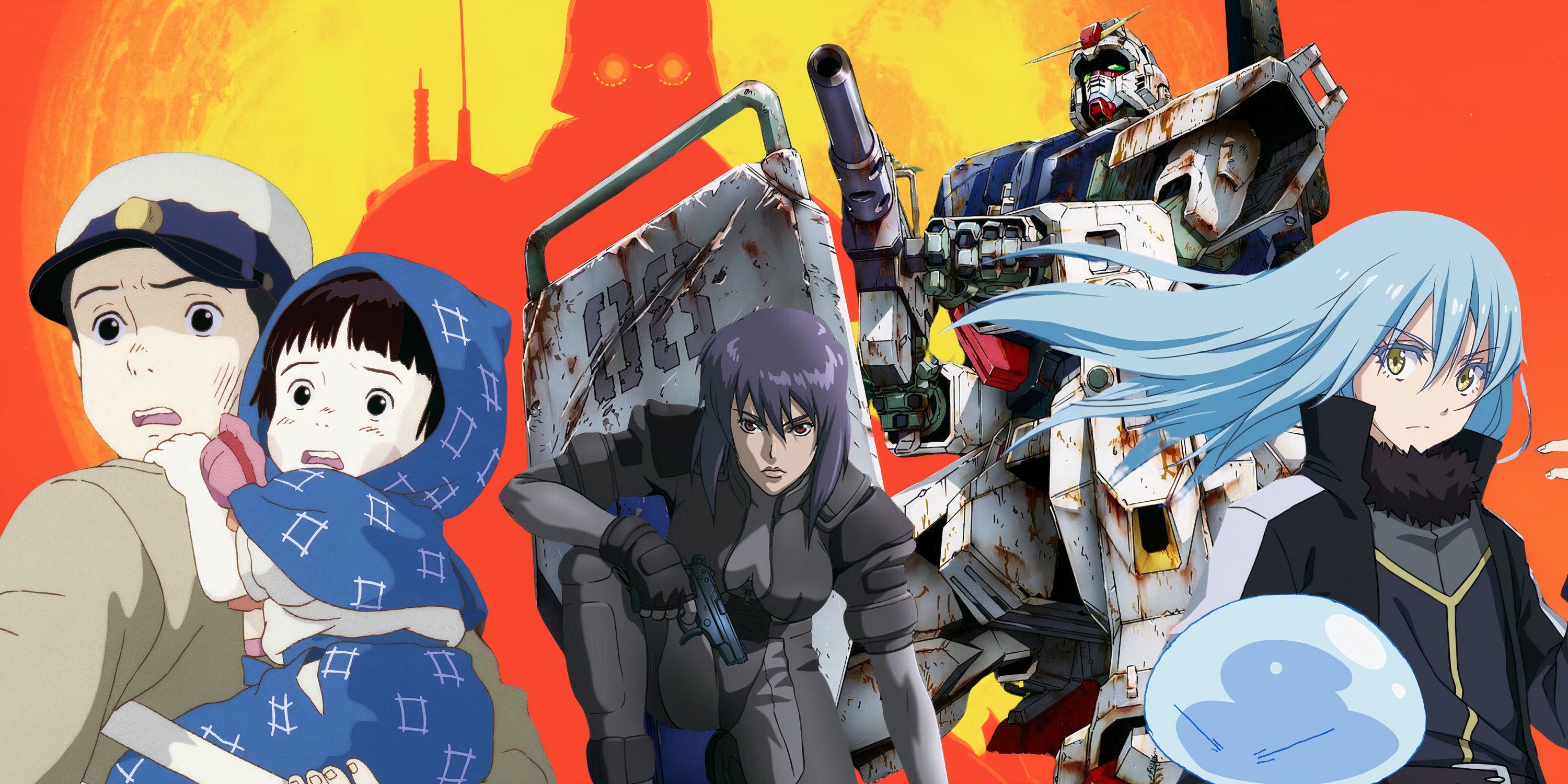 Political Thriller Anime Banner displays characters from Grave of the Fireflies, Ghost in the Shell Stand Alone Complex, Gundam, and That Time I got Reincarnated as a Slime.