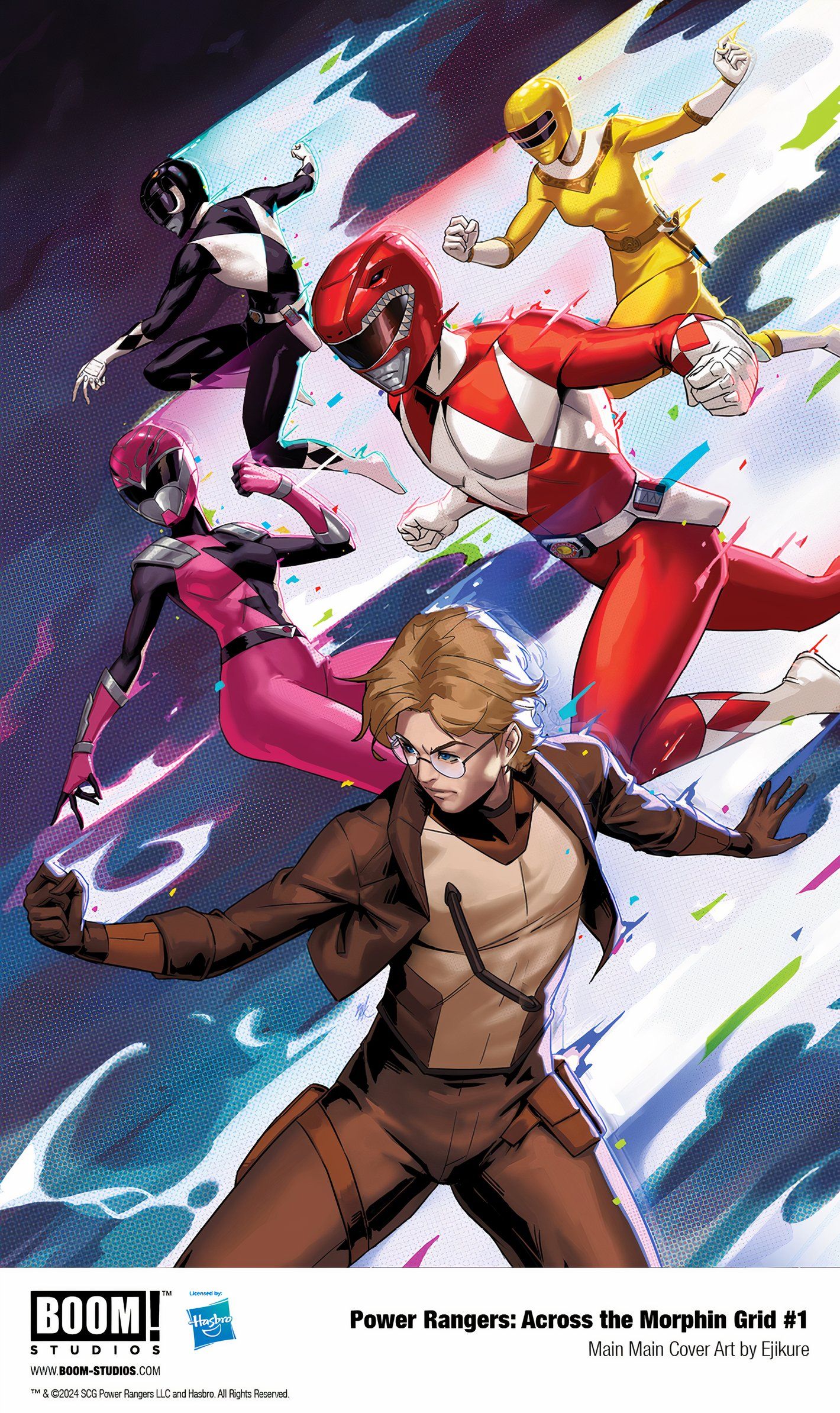 Capa principal de Power Rangers Across the Morphin Grid # 1, apresentando os Rangers pretos, vermelhos, amarelos e rosa originais.