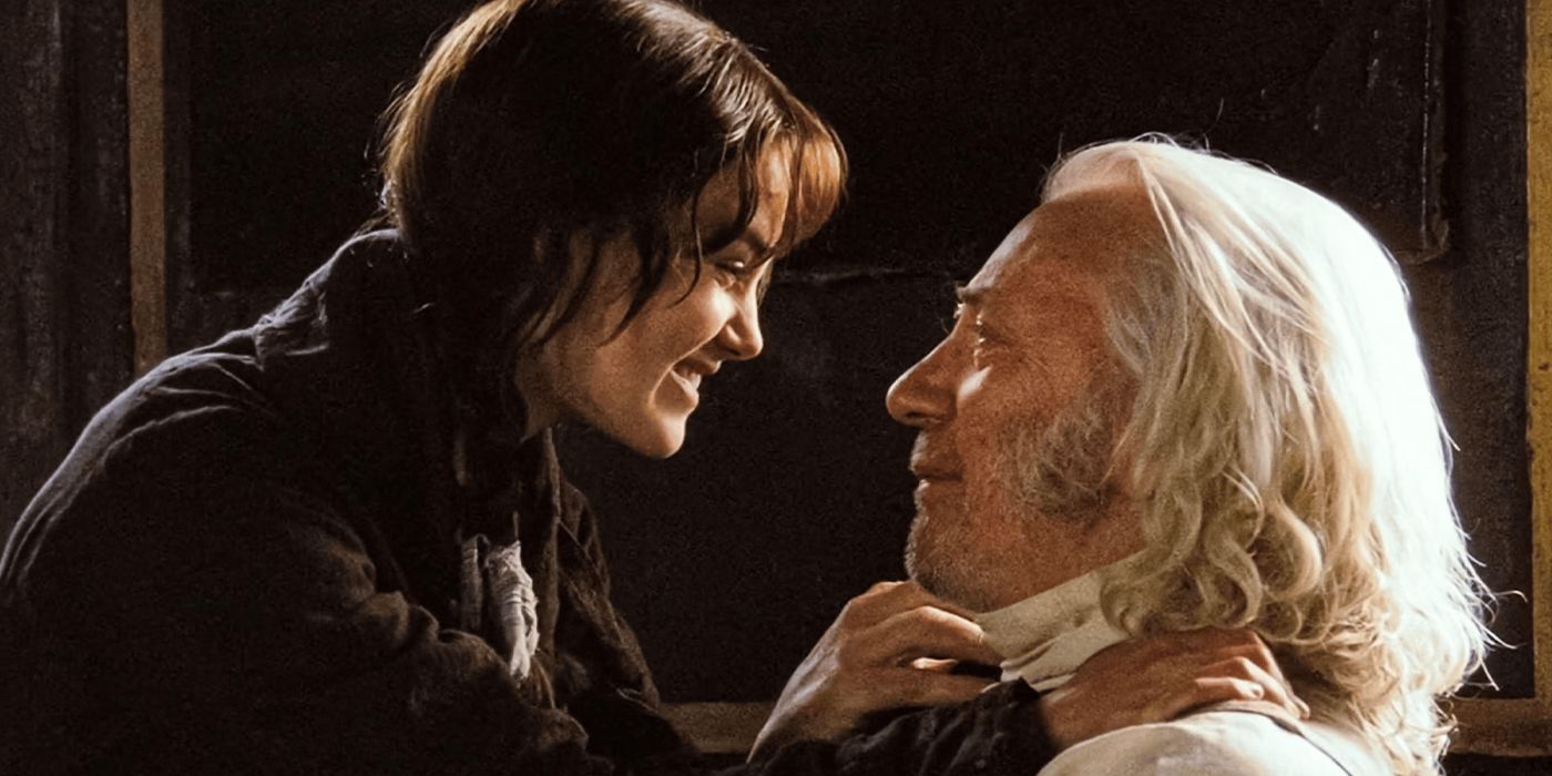 pride & prejudice father and daughter, Donald Sutherland and Keira Knightly embrace