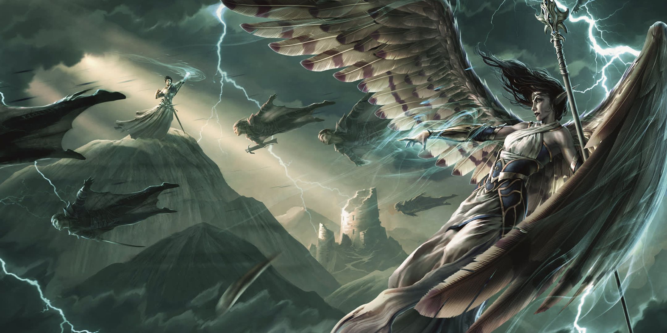 Arte da capa da campanha de D&D Princes of the Apocalypse mostrando uma luta em meio a uma tempestade.