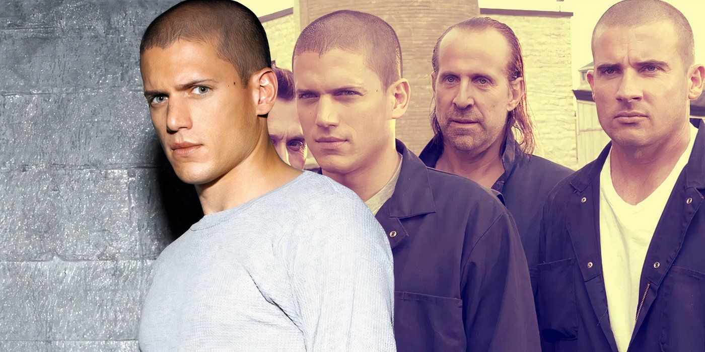 A composite image of Wentworth Miller standing against a wall and looking serious in front of Wentworth Miller, Peter Stormare, and Dominic Purcell standing together in a prison yard in Prison Break