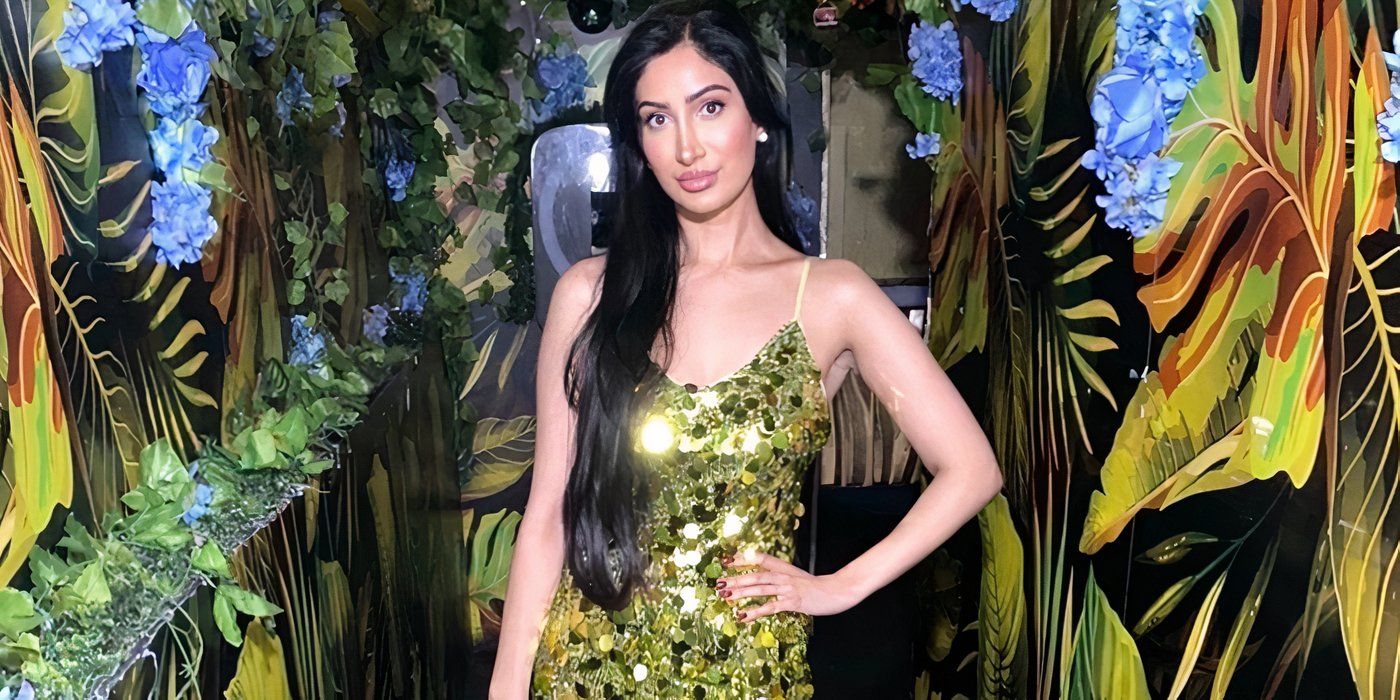 Love Is Blind UK: Priyanka Grewal posando com um vestido verde com fundo verde