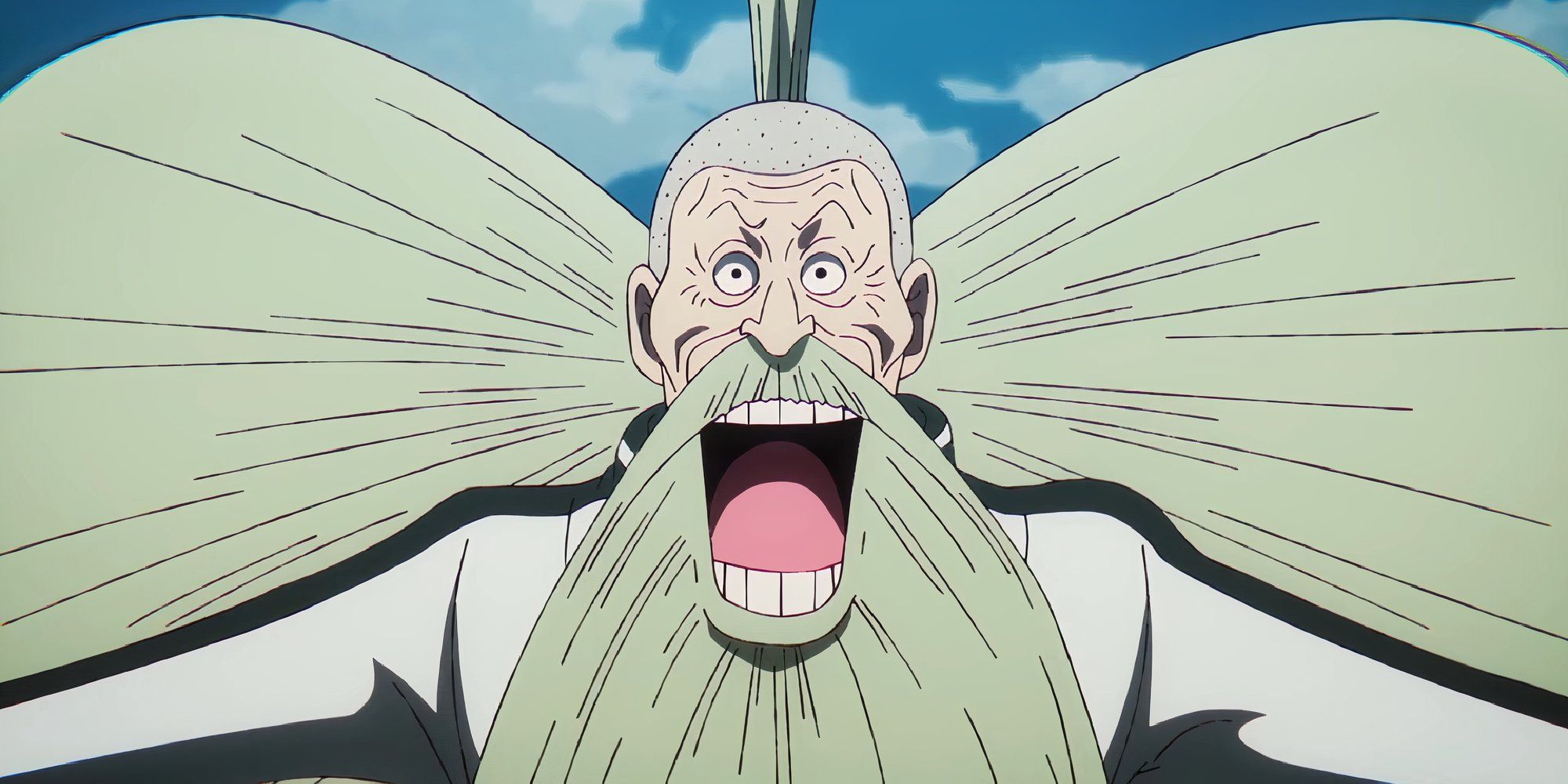 professor clover from one piece smiling with his mouth open wide