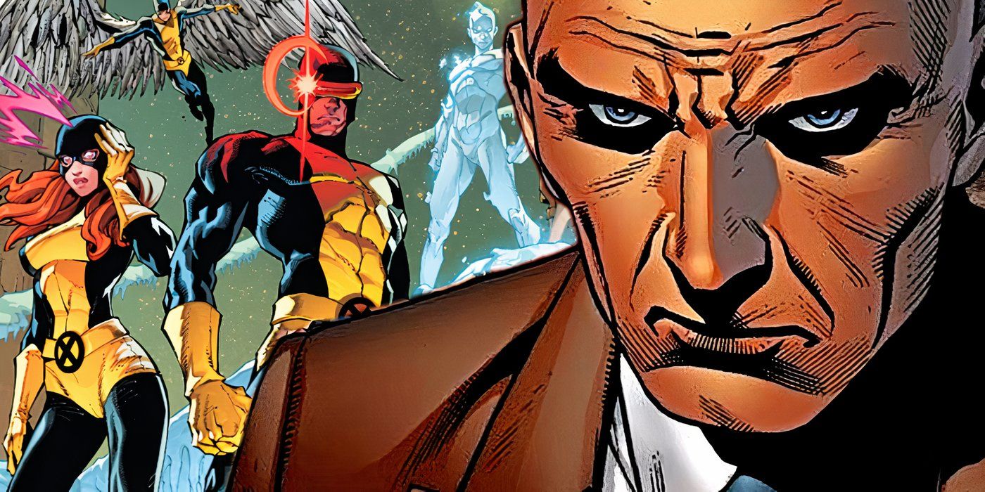 El Profesor X está a la derecha con los X-Men originales a su izquierda listos para la batalla.