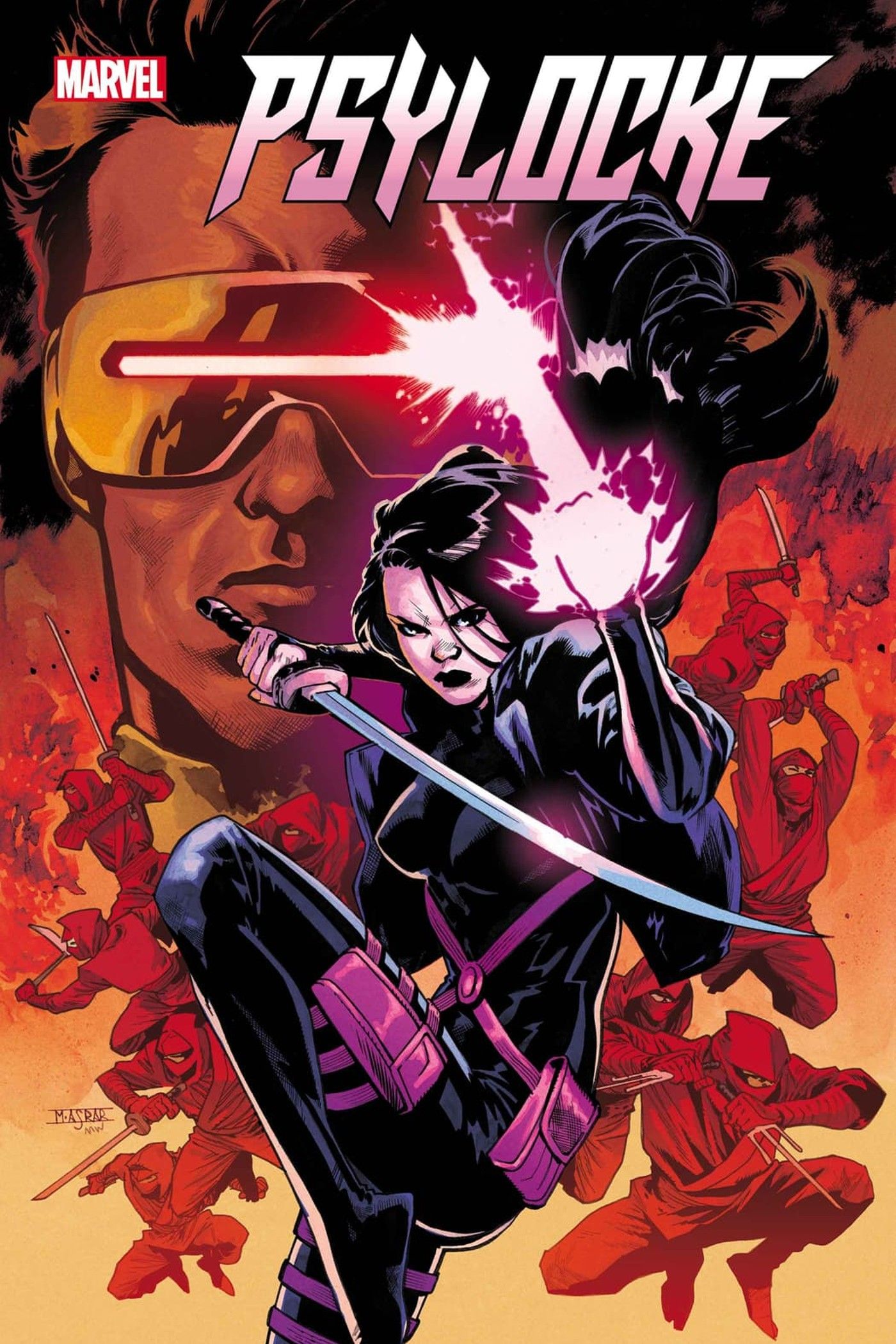 PSYLOCKE (2024) #1 cover, Psylocke (foreground) with Hand ninjas behind her.