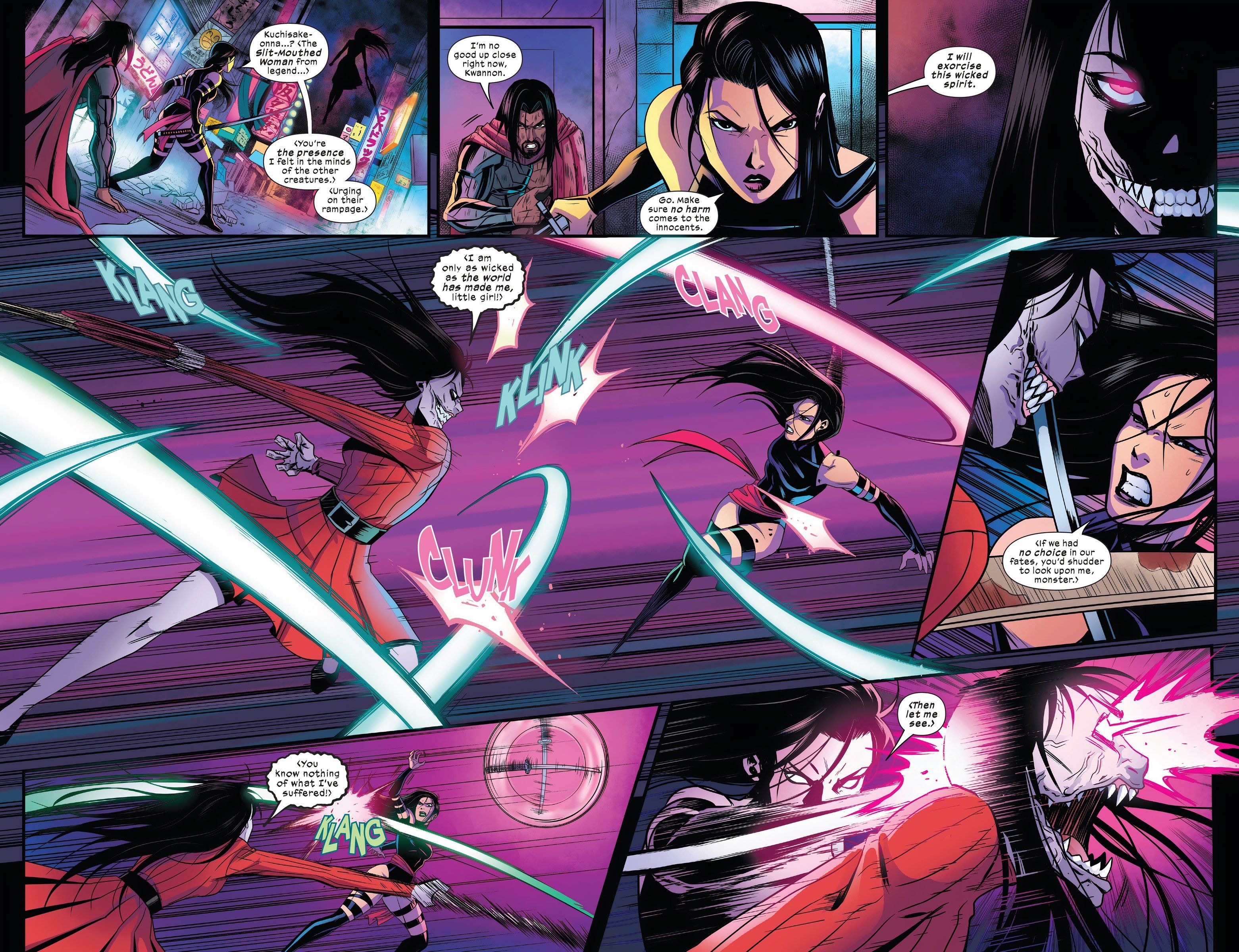 Psylocke conhece e luta contra a Mulher de Boca Fendida antes de usar seus poderes psíquicos. 