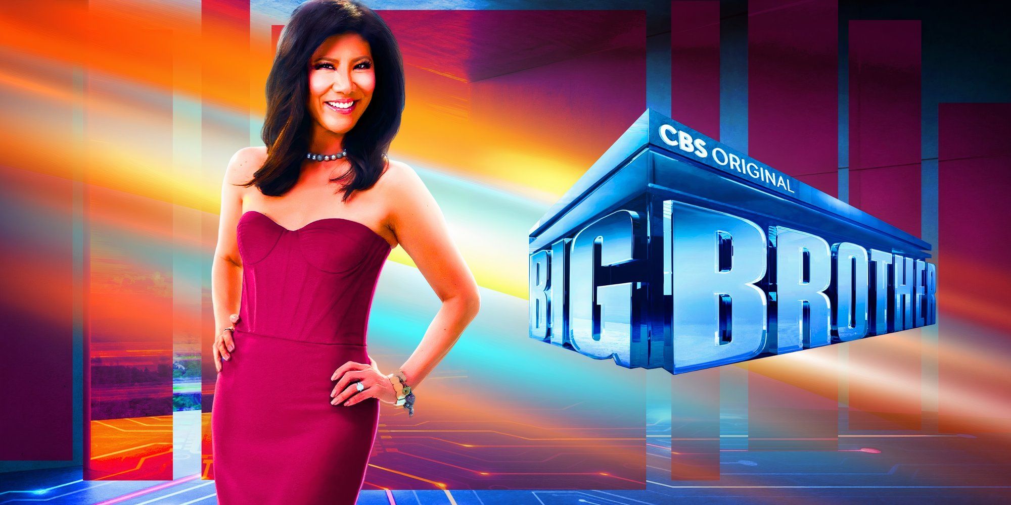 A apresentadora do Big Brother 26, Julie Chen Moonves, está em um vestido vermelho com o logotipo do programa