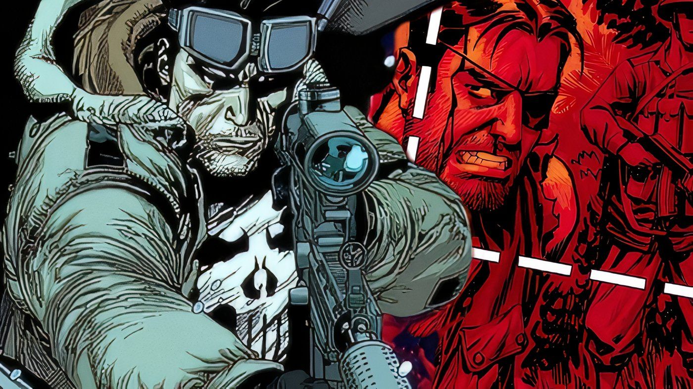 The Punisher wielding a sniper rifle with Nick Fury in his crosshairs.