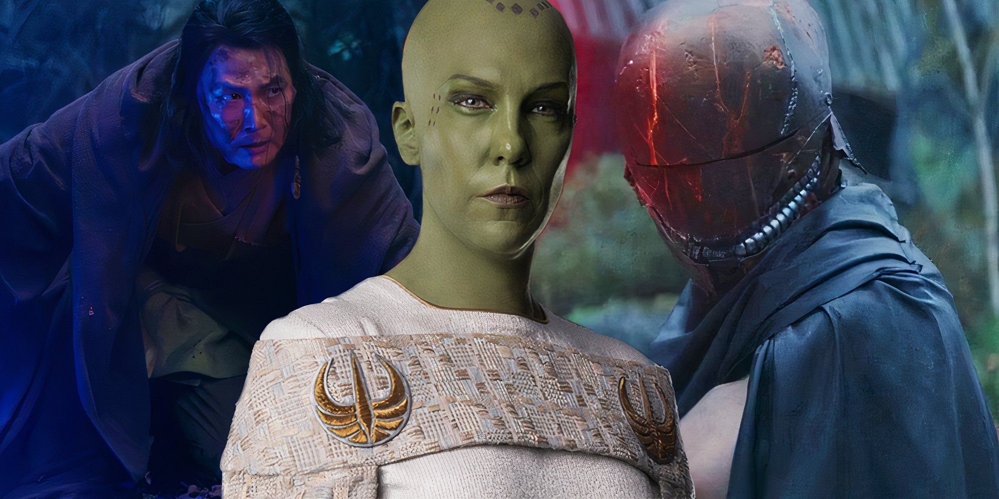 Rebecca Henderson as Vernestra in The Acolyte (2024) between Lee Jung-jae as Sol and Manny Jacinto as Qimir