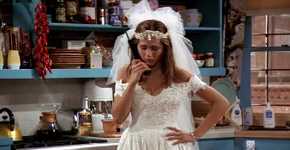 Rachel on the phone in her wedding dress in the pilot episode of Friends