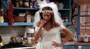 Rachel on the phone in her wedding dress in the pilot episode of Friends