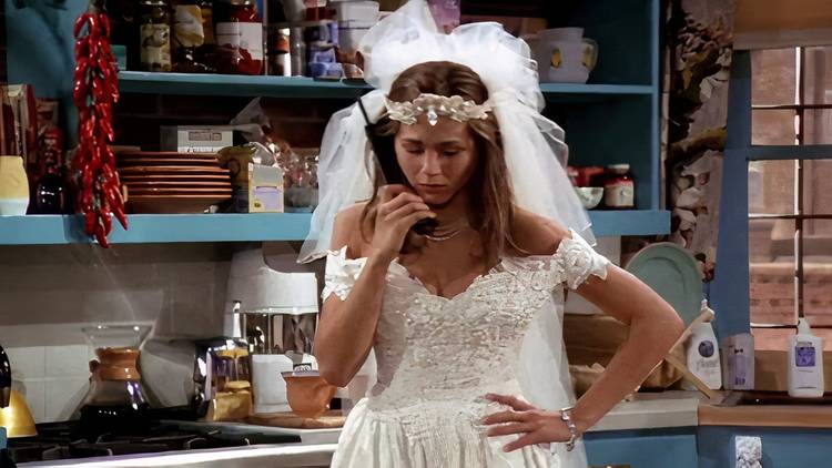 Rachel on the phone in her wedding dress in the pilot episode of Friends