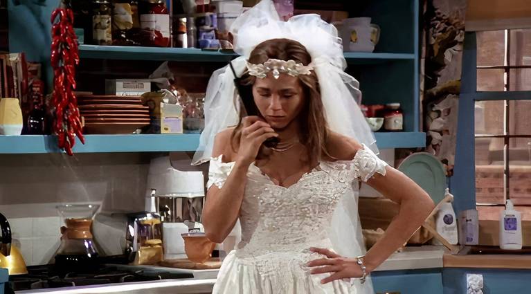 Rachel on the phone in her wedding dress in the pilot episode of Friends