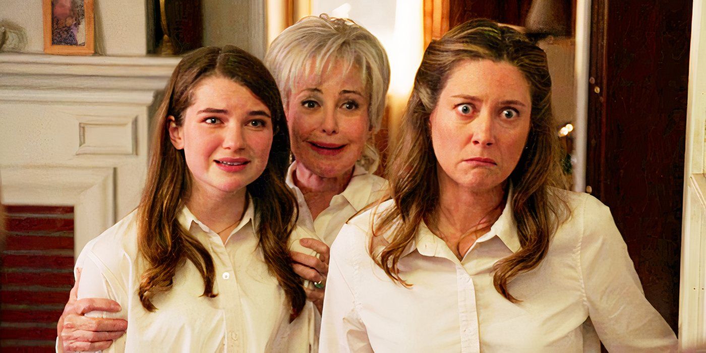 Raegan Revord as Missy, Annie Potts as Meemaw, and Zoe Perry as Mary stand together in Young Sheldon