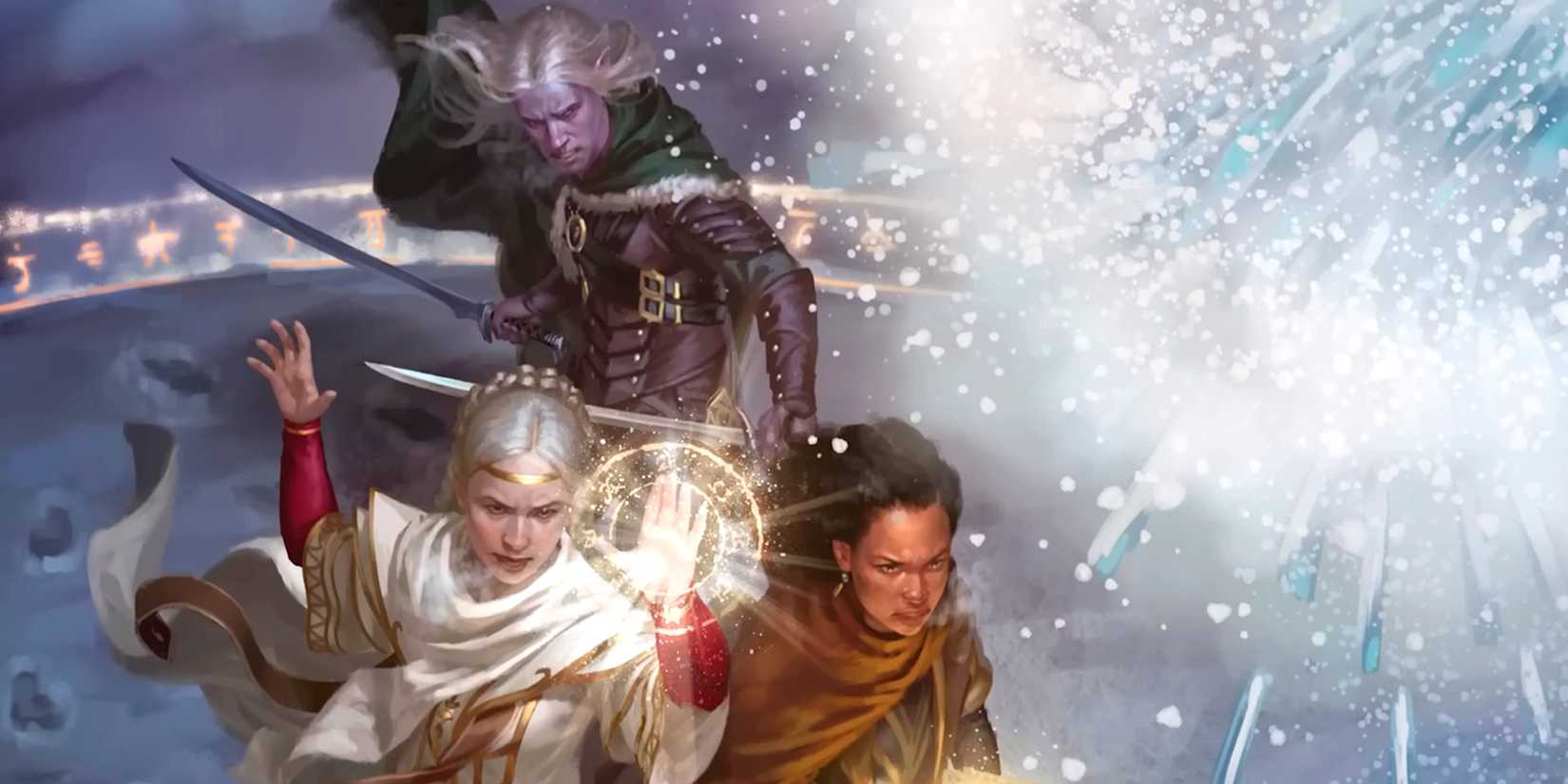 Several D&D party members standing around as a protective spell is cast against a frosty attack.