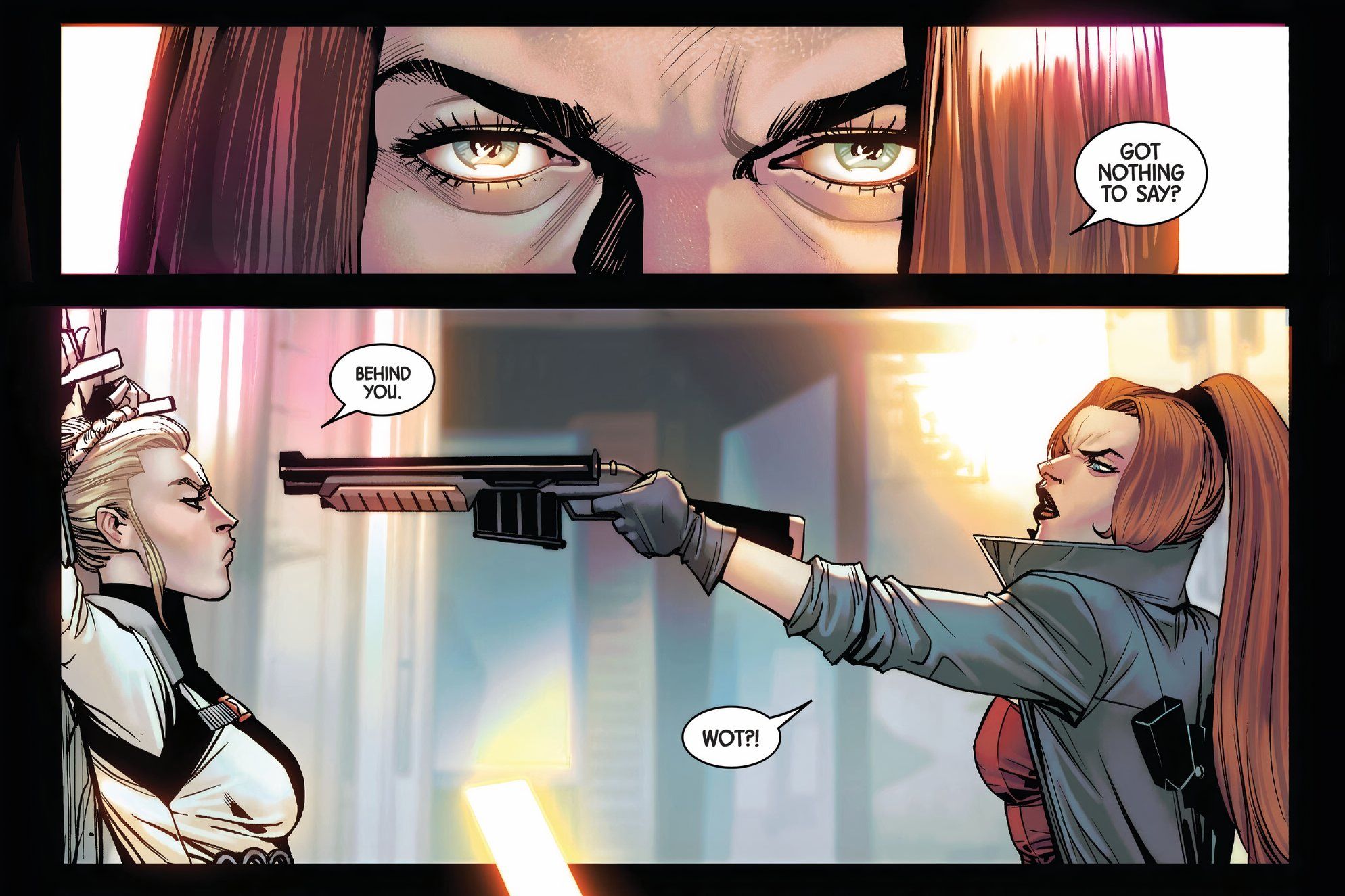 Elsa Bloodstone points her gun at the White Widow.