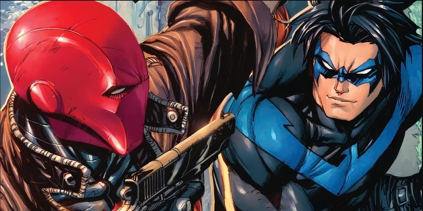  Red Hood and Nightwing face each other.