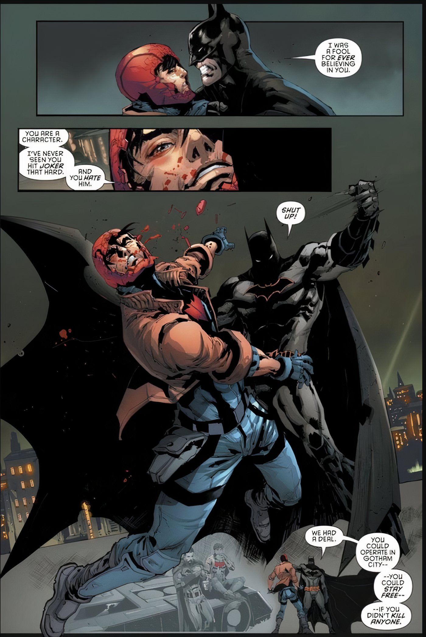 Capuz Vermelho The Outlaws #25 Batman dando backhand em Jason Todd