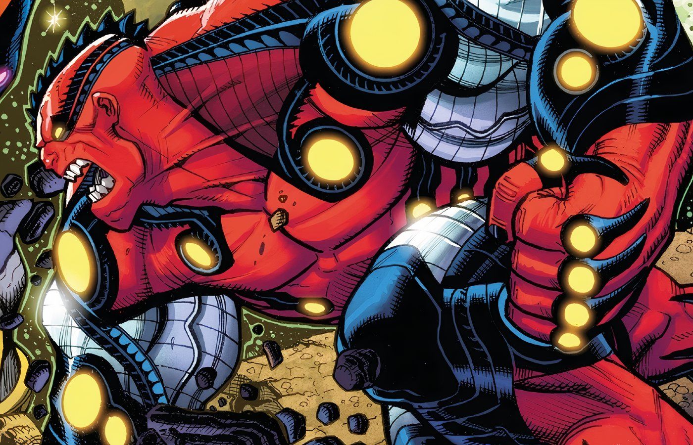 Red Hulk 2099 in a crouched position about to throw a punch.