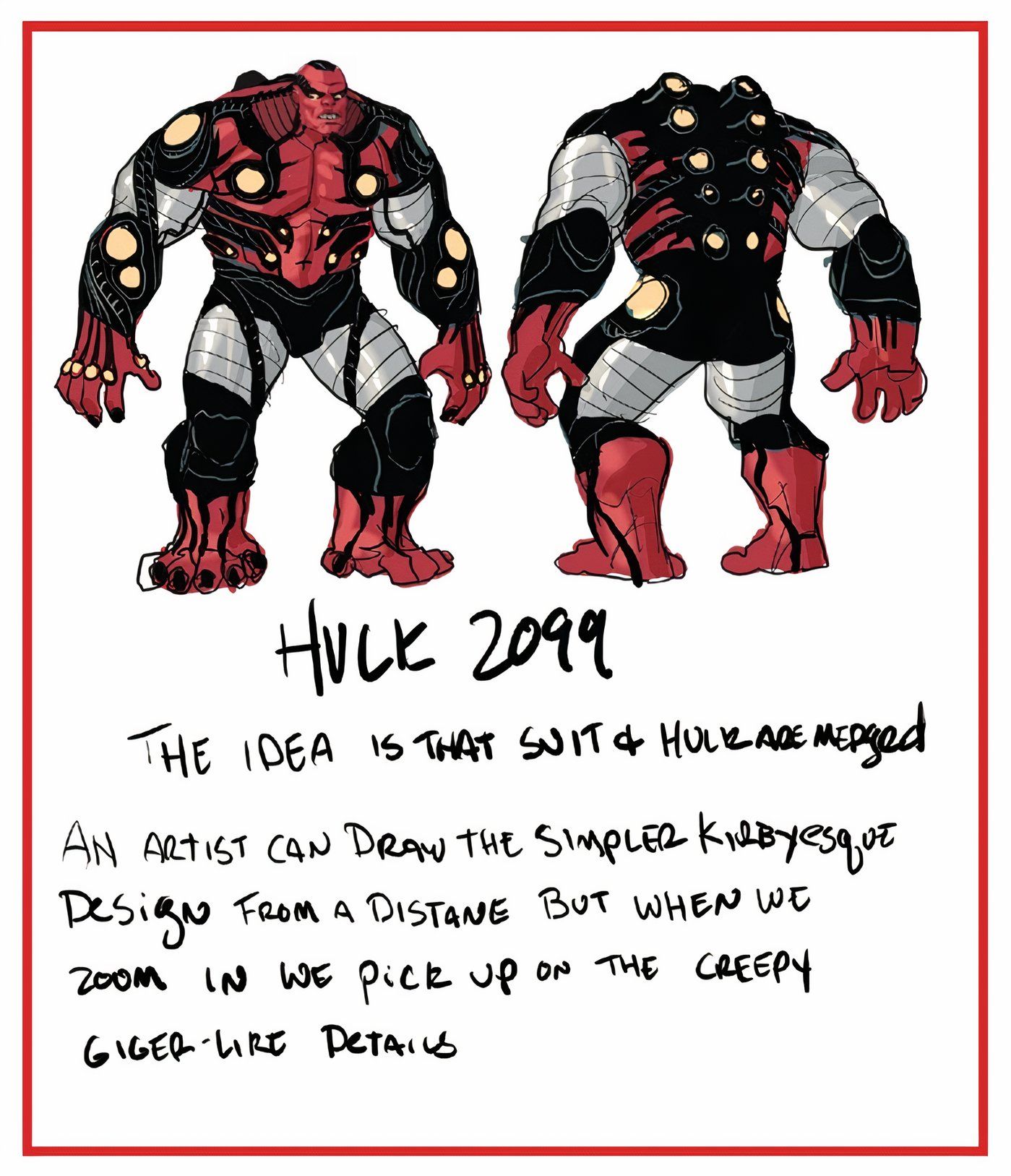 Notas del artista de Pete Woods junto con un boceto de Red Hulk 2099.